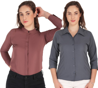 Miranga Women Solid Casual Dark Blue Shirt(Pack of 2)