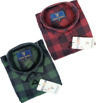 Hems trends Men Checkered Casual Red, Dark Blue, Green Shirt(Pack of 2)