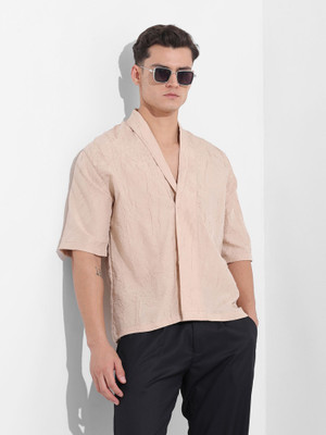 The Indian Garage Co. Men Self Design Party Beige Shirt
