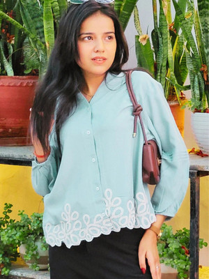 J TURRITOPSIS Women Embroidered Casual Blue Shirt