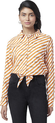 PEOPLE Women Striped, Printed Casual White Shirt