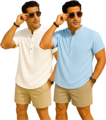 METRONAUT Men Self Design Casual White, Light Blue Shirt(Pack of 2)