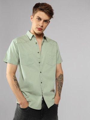 Dennis Lingo Men Solid Casual Green Shirt