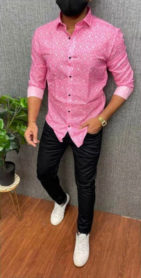 Style Grove Men Printed Casual Pink Shirt