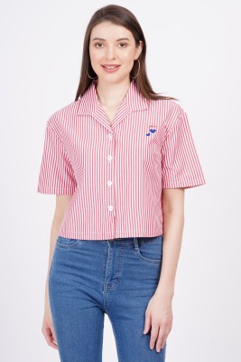 MINGLAY Women Striped Casual Pink Shirt