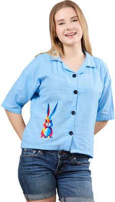 sikrifab Women Printed Casual Light Blue Shirt