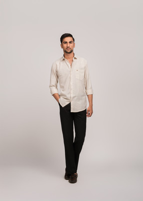 VALRON Men Striped Casual Cream, Brown Shirt