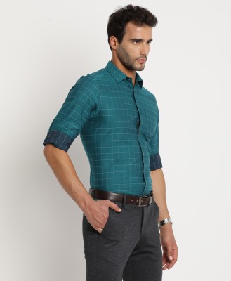 TURTLE Men Checkered Formal Green Shirt