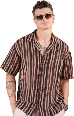 BEYOUNG Men Striped Casual Pink, Brown Shirt