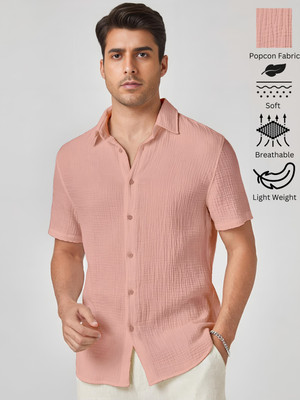 Webric Men Self Design Casual Orange Shirt