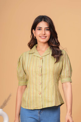 SAARSHE Women Striped Casual Green Shirt