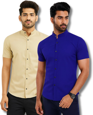 ModeNex Men Solid Casual Beige, Dark Blue Shirt(Pack of 2)