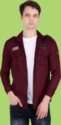 GAINELL Men Solid, Embroidered Casual Maroon Shirt
