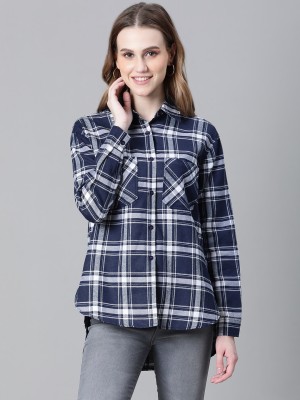 OXOLLOXO Women Checkered Casual White, Dark Blue Shirt