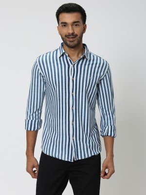 MUFTI Men Striped Casual Dark Blue, White Shirt