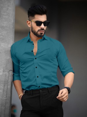 ugam traders Men Solid Party Blue Shirt