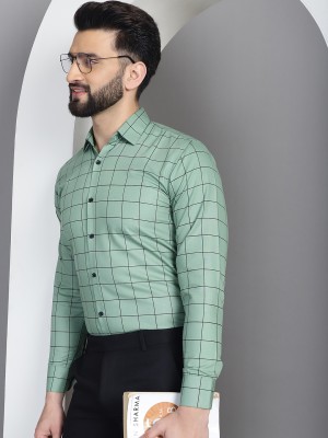 Indian Needle Men Checkered Formal Green Shirt