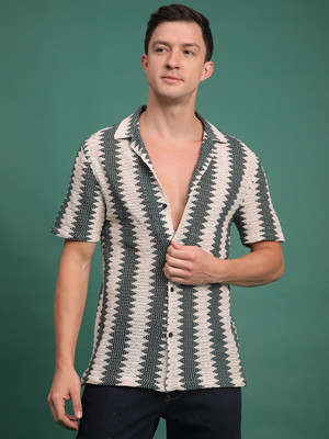 Voroxy Men Striped Casual Dark Green, Beige Shirt