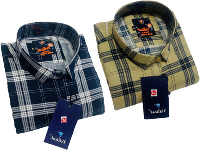 Vellical Men Checkered Casual Dark Blue, White, Yellow Shirt(Pack of 2)
