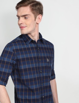 U.S. POLO ASSN. Men Checkered Casual Dark Blue Shirt