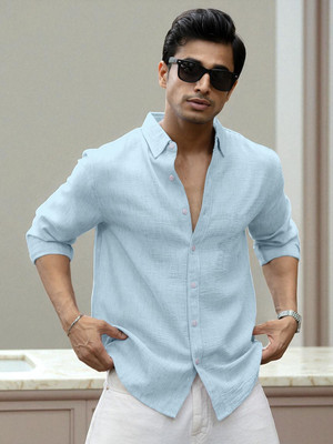 Yanthhi Men Solid Casual Light Blue Shirt