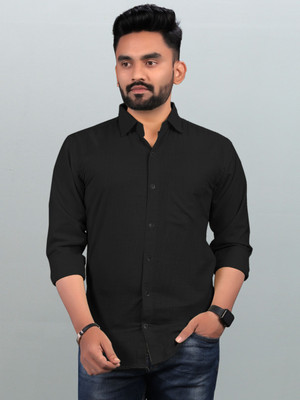 KR Enterprises Men Self Design Casual Black Shirt