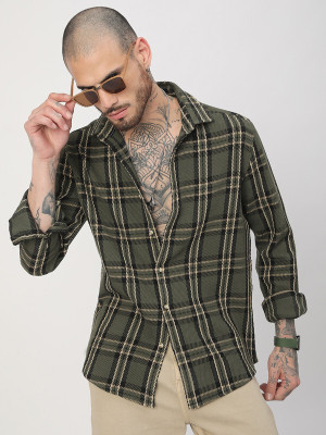 VASTRADO Men Checkered Casual Dark Green Shirt