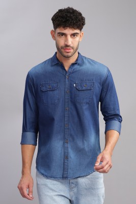 AIDAN PAUL Men Washed Casual Dark Blue Shirt