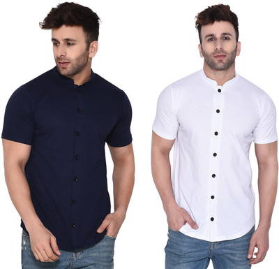 Money Leaf Men Solid Casual Dark Blue, White Shirt(Pack of 2)