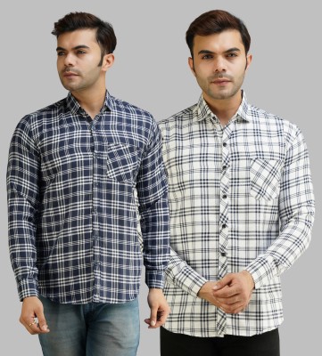 youth first Men Checkered Casual Dark Blue, White Shirt(Pack of 2)