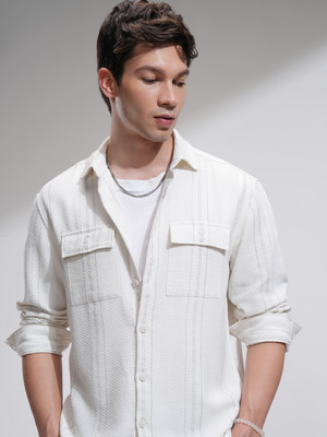 HIGHLANDER Men Striped Casual White Shirt