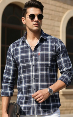 Surhi Men Checkered Casual Dark Blue Shirt
