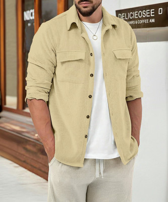 COMBRAIDED Men Self Design Casual Cream Shirt