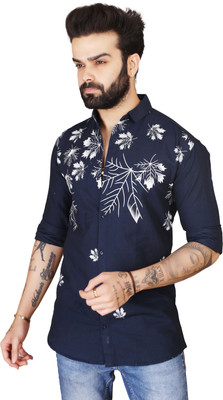 BORN TO NATION Men Printed Casual Dark Blue, White Shirt