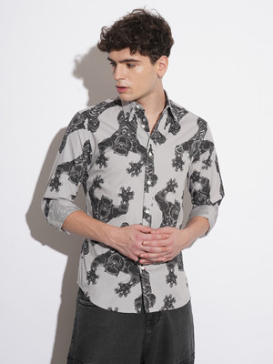 BEING HUMAN Men Printed Casual Grey Shirt