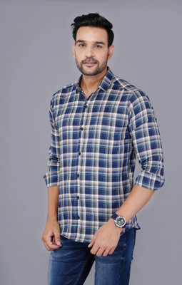 FAVNIC Men Checkered Casual Blue, Cream, Green Shirt