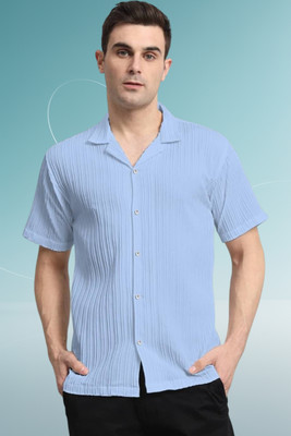 A DEEMOON TREND Men Self Design Casual Light Blue Shirt