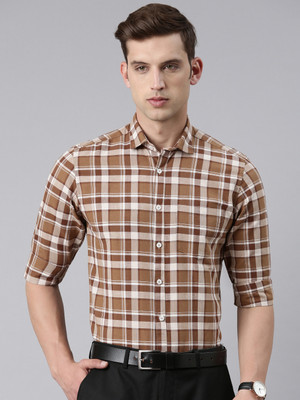 5TH ANFOLD Men Checkered Formal Brown, White Shirt