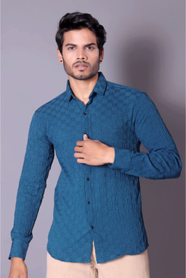 SHFASHION Men Self Design Casual Dark Blue Shirt
