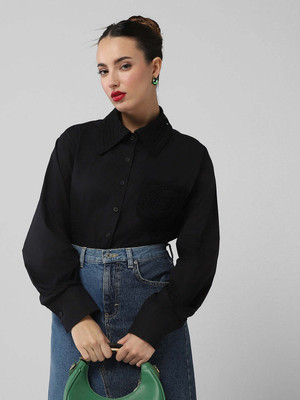 SHOWOFFFF Women Solid Casual Black Shirt