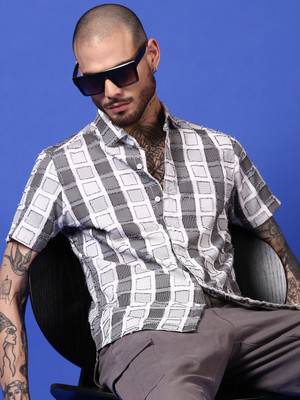 Voroxy Men Printed Casual Grey, White Shirt