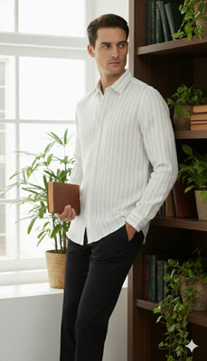 Sylora Men Striped Casual Gold, White Shirt