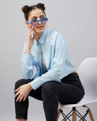 Chimpaaanzee Women Solid Casual Blue Shirt