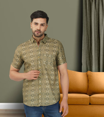 BASE 41 Men Printed Casual Green, White Shirt