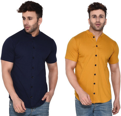 Money Leaf Men Solid Casual Dark Blue, Gold Shirt(Pack of 2)