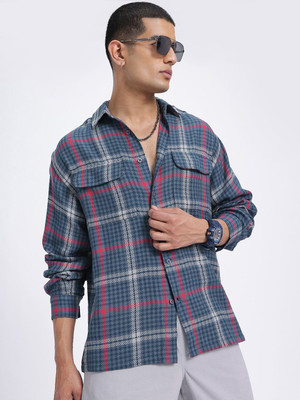 Glitchez Men Checkered Casual Blue Shirt