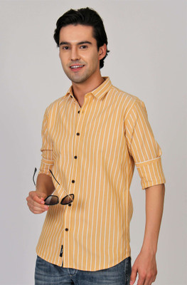 HUGREY Men Striped Casual Yellow Shirt