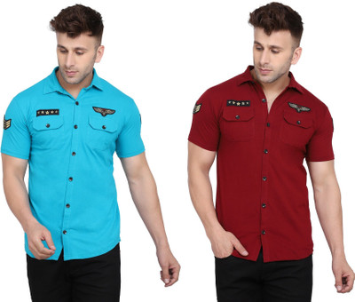 Lawful Casual Men Solid Casual Light Blue, Maroon Shirt(Pack of 2)