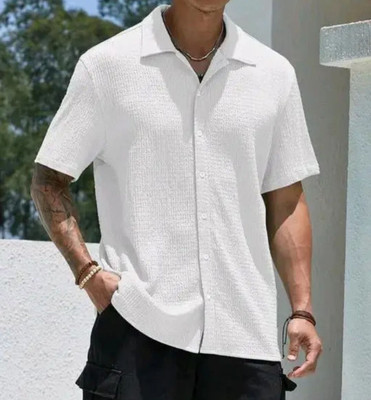 SHFASHION Men Self Design Casual White Shirt