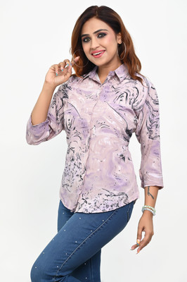 Fiestahub Women Printed Casual Purple Shirt